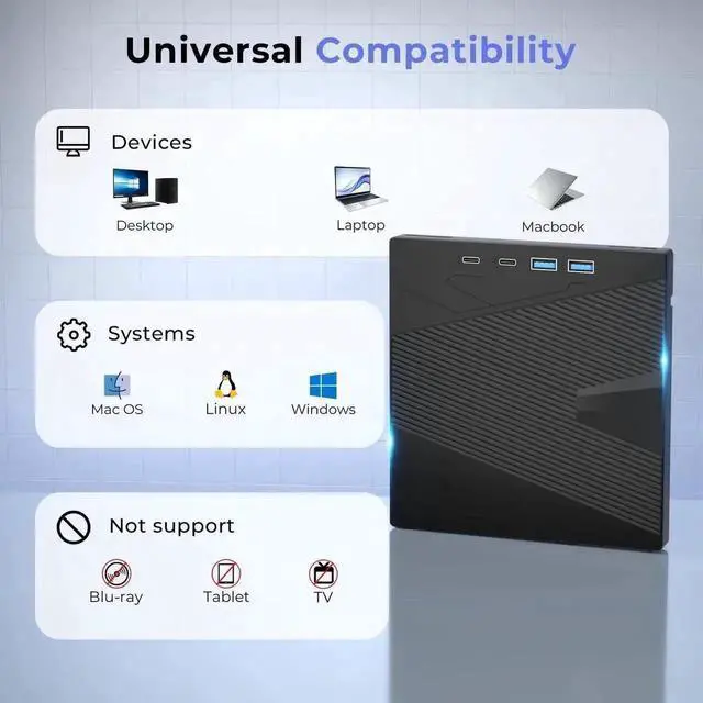 Alt view image 2 of 7 - 7-in-1 USB 3.0 & Type-C Portable External CD DVD RW Burner Optical Drive with SD TF Card Reader for Laptop Desktop Windows XP/7/8/10 Linux MacOS