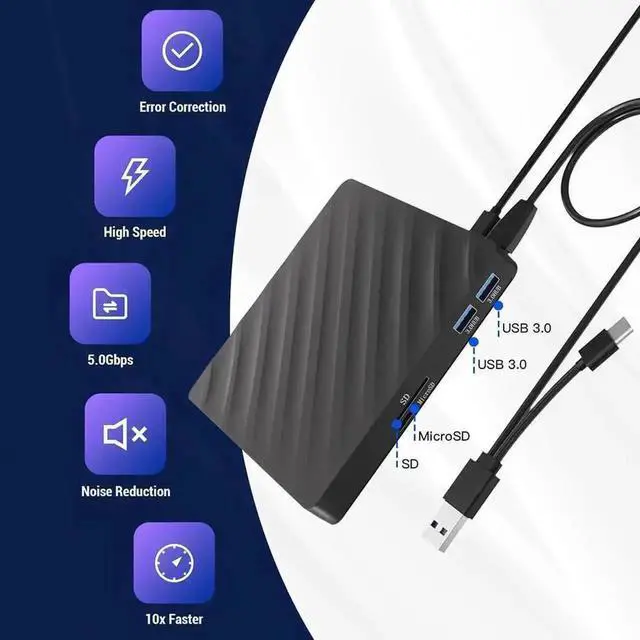 Alt view image 5 of 7 - Black 5-in-1 USB 3.0 Type-C Slim External 3D Blu-ray BD CD DVD RW Burner Optical Drive with SD TF Card Reader 2 USB Expansion Hubs Compatible with Laptop Desktop Windows XP/7/8/10 MacOS