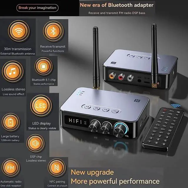 Alt view image 5 of 7 - 4-in-1 Bluetooth 5.1 Audio Transmitter Receiver, Low Latency NFC Wireless Adapter with Optical/AUX/RCA/6.5 Mic, FM Radio for TV KTV Home Party