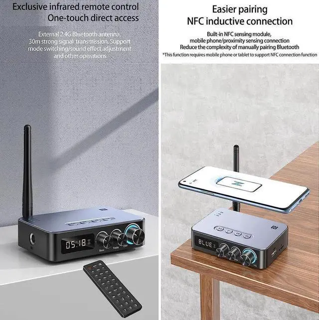 Alt view image 4 of 7 - 4-in-1 Bluetooth 5.1 Audio Transmitter Receiver, Low Latency NFC Wireless Adapter with Optical/AUX/RCA/6.5 Mic, FM Radio for TV KTV Home Party