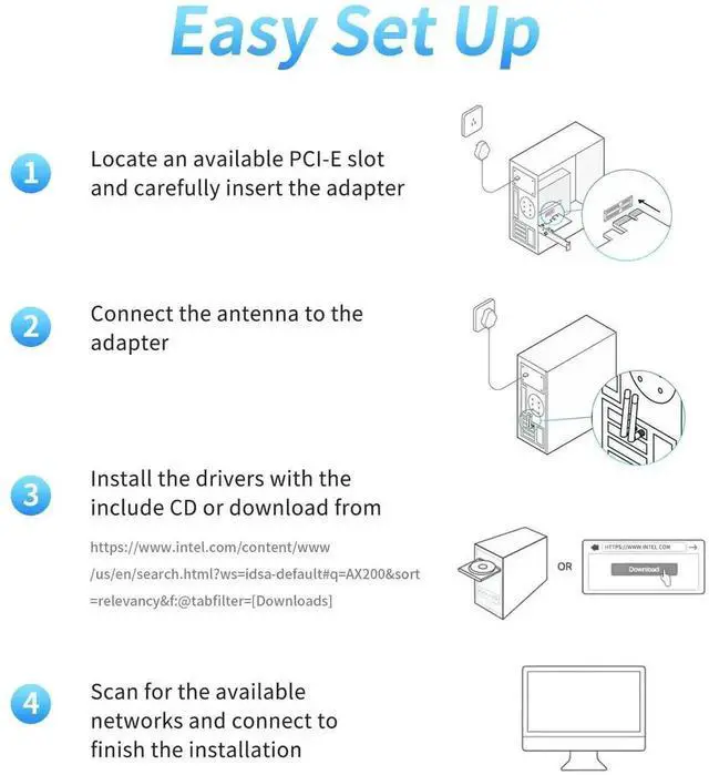 Alt view image 2 of 7 - AX200NGW WiFi 6 PCIe Wireless Card for Desktop PC, Dual Band Adapter with Bluetooth 5.2, MU-MIMO & OFDMA, Ultra Low Latency, Compatible with Windows 10/11 64-bit
