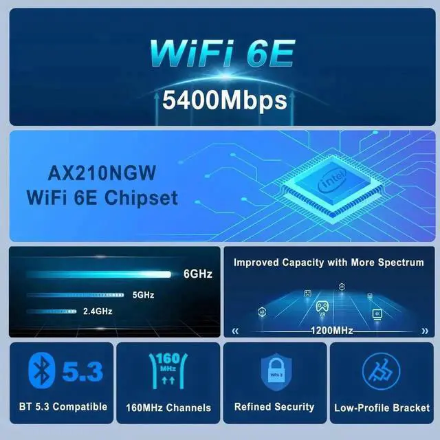Alt view image 6 of 6 - Intel AX210 AX5400 WiFi 6E PCIe Tri-Band Wireless Card for Desktop PC, Bluetooth 5.3, WPA3 Security, MU-MIMO & OFDMA, Ultra Low Latency, Compatible with Windows 10/11 64-bit