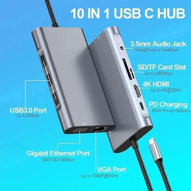 Alt view image 5 of 5 - 10-in-1 USB-C Multiport Hub Dock, 4K HDMI VGA Gigabit Ethernet 3×USB3.0 60W PD Charging 3.5mm Audio SD TF Card Reader Compatible with MacBook Pro/Air, Surface Pro 7 & All USB-C Laptops