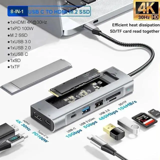Main image of 8 in 1 USB C Docking Station with M.2 NVMe/SATA SSD Enclosure, 4K HDMI, 10Gbps USB-C, 100W PD Charging, USB 3.2 & USB-A, SD TF Card Reader for Type-C Laptops
