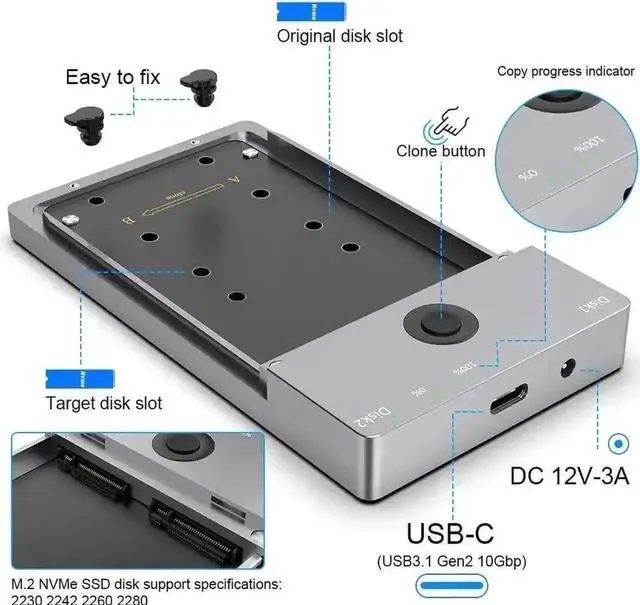 Alt view image 3 of 7 - Dual-Bay M.2 NVMe SSD Docking Station, Offline Clone Duplicator, 10Gbps USB C & USB-A Interface, Supports M Key 2230/2242/2260/2280 SSD Up to 8TB