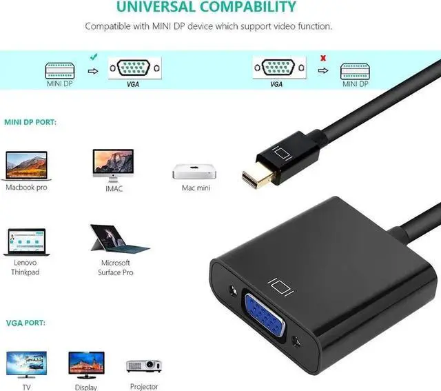 Alt view image 2 of 6 - Benfei Mini DP to VGA Male to Female Adapter, Thunderbolt Compatible Mini DisplayPort to VGA Converter for ThinkPad, Surface Pro & PC Laptops