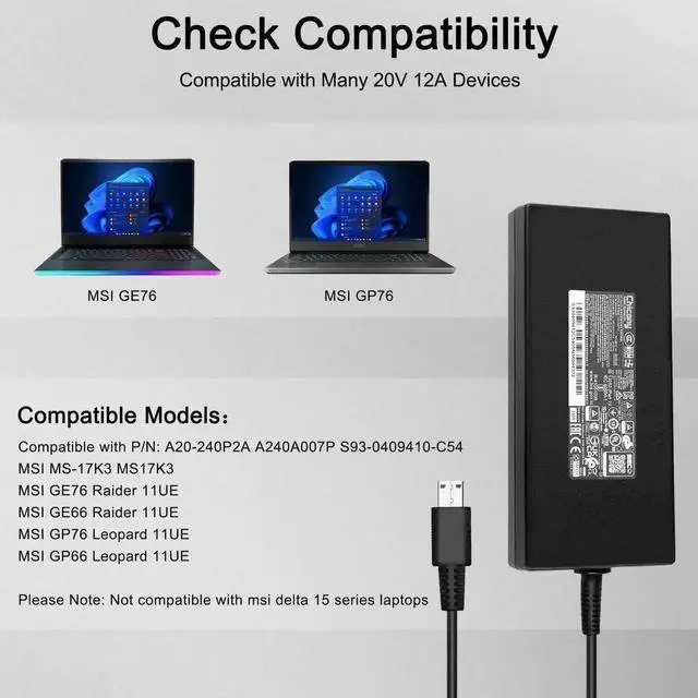 Alt view image 5 of 7 - 240W USB Tip Gaming Laptop Charger A20-240P2A A240A007P S93-0409410-C54 for MSI GE76 GE66 GP76 GP66 GS77 MS-17K3, Not Compatible with Delta 15 Series & Not a Replacement for 280W Adapter