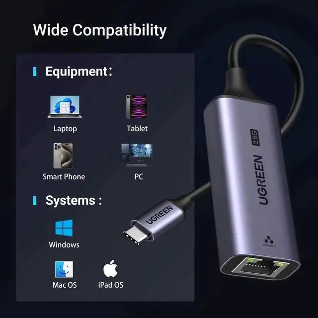 Alt view image 6 of 7 - UGREEN 2.5G USB C to RJ45 Ethernet Adapter Aluminum Shell Compatible Thunderbolt 4/3