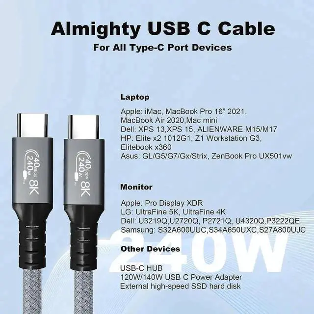 Alt view image 5 of 7 - 1.5FT USB4 USB-C Cable 40Gbps 240W PD3.1 Fast Charging Support 8K@60Hz Compatible Thunderbolt 4