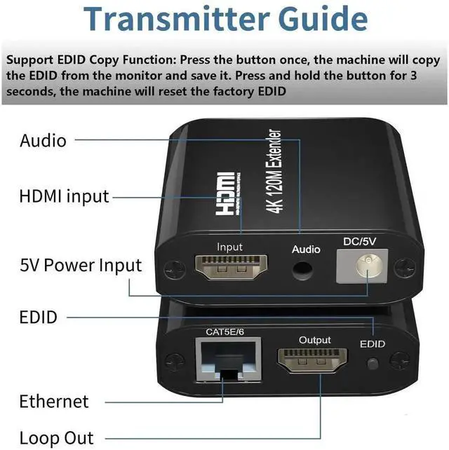 Alt view image 5 of 7 - 4K@60Hz HDMI Extender Over Cat5e/Cat6 Up to 120M/395FT, TX+RX with Loop Out & Separate Audio Out, HDCP1.2 EDID Copy