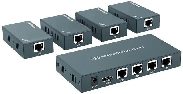 Main image of 1x4 HDMI Extender Splitter Over Cat5e/Cat6/Cat7 Cable, 1080P@60Hz, Max 165FT/50M, 4 Remote Outputs, Single Power Supply