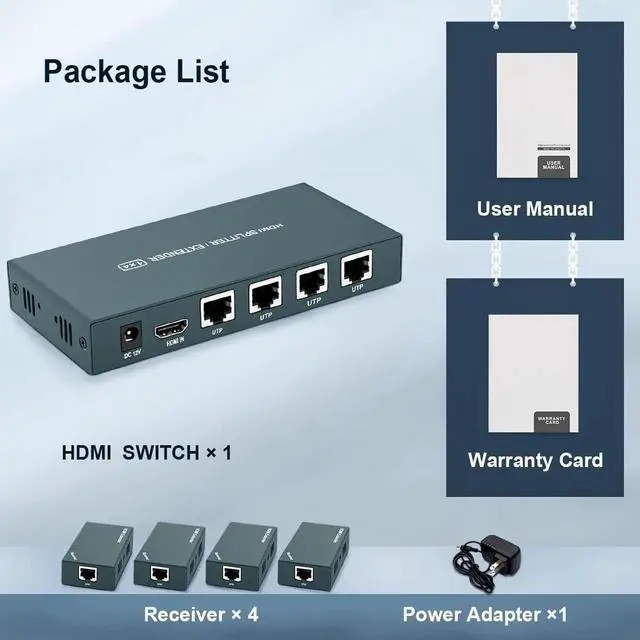 Alt view image 6 of 7 - 1x4 HDMI Extender Splitter Over Cat5e/Cat6/Cat7 Cable, 1080P@60Hz, Max 165FT/50M, 4 Remote Outputs, Single Power Supply