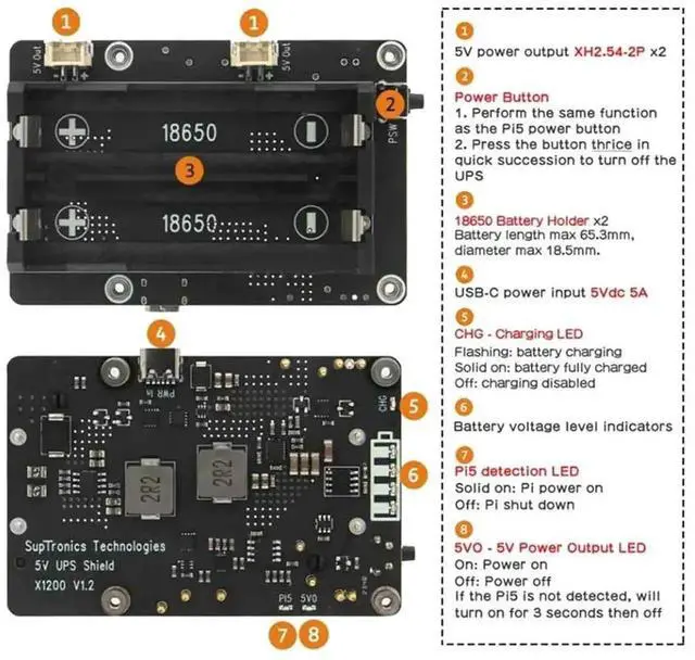Alt view image 2 of 7 - X1200 UPS Power Management Expansion Board for Raspberry Pi 5, Battery Not Included