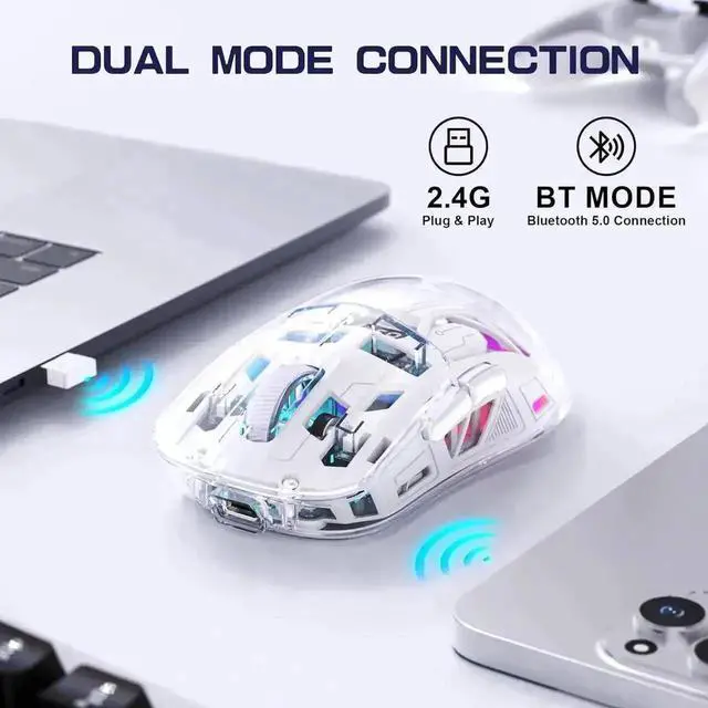 Alt view image 4 of 7 - White Transparent Dual Mode Wireless Gaming Mouse BT5.0 & 2.4G, PixArt 3212 Sensor 5 DPI Adjustable Rechargeable Silent Mouse with Digital Display RGB Backlight for Windows Mac