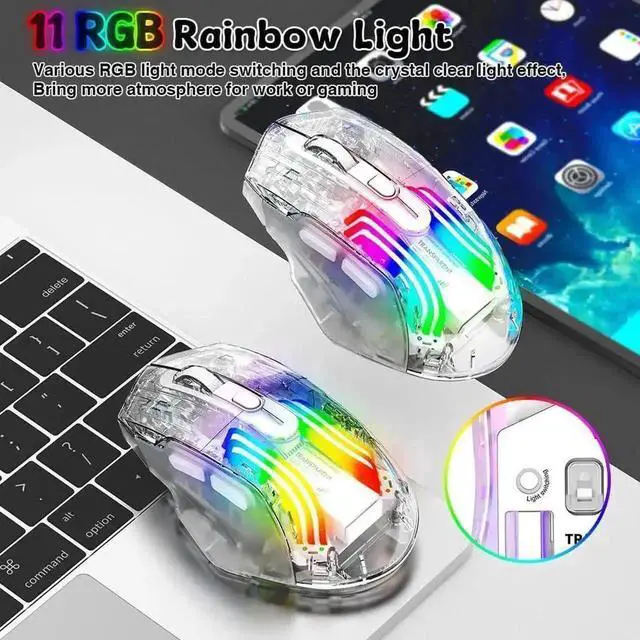 Alt view image 5 of 7 - Transparent Tri-Mode Gaming Mouse, 2.4G Wireless Bluetooth USB-C Wired Rechargeable Mouse, 5 DPI 6 Buttons 11 RGB Lighting Ergonomic Mice for PC Laptop Mac