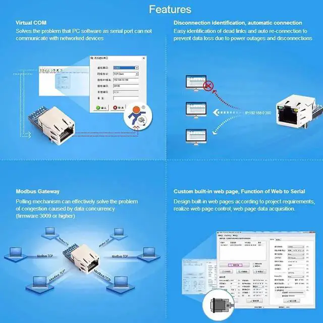Alt view image 3 of 7 - USR-K7 Low Cost TTL UART to Ethernet Serial Converter 10/100Mbps Modbus Gateway Module with RJ45 Port, 10PCS Pack