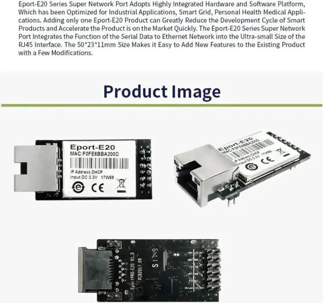 Alt view image 2 of 7 - Eport-E20 Embedded TTL Serial to Ethernet Module FreeRTOS TCP/IP Server with DHCP Telnet, 5PCS Pack