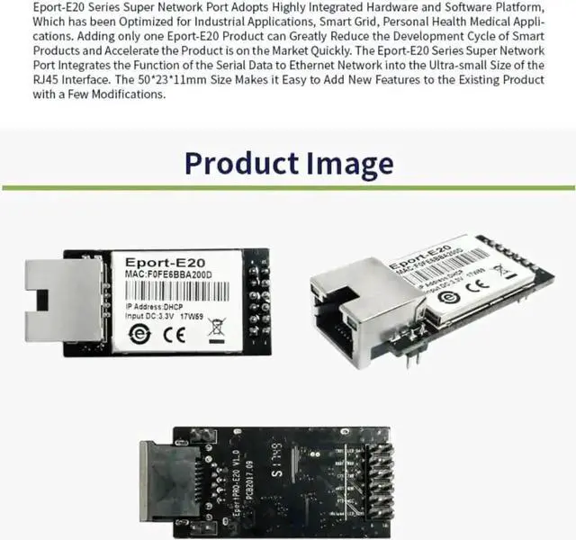 Alt view image 5 of 7 - Eport-E20 FreeRTOS Embedded TTL Serial to Ethernet TCP/IP Server Module 3.3V Support DHCP Telnet for MCU, 10PCS Pack