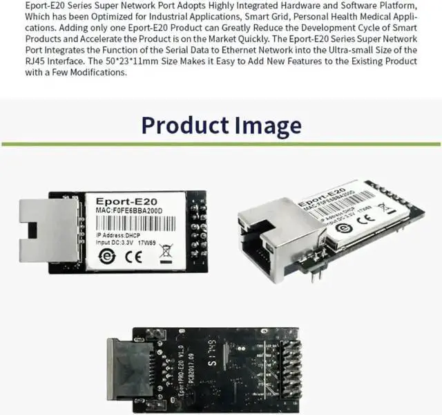 Alt view image 3 of 6 - Eport-E20 FreeRTOS Embedded TTL UART to Ethernet TCP/IP Module 3.3V Support DHCP Telnet for MCU Development, 10PCS Pack