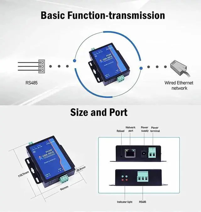 Alt view image 5 of 7 - New Version USR-N510 (H7-4) 1-Port RS485 to Ethernet Serial Device Server Modbus RTU to TCP Converter with 12V Power Adapter