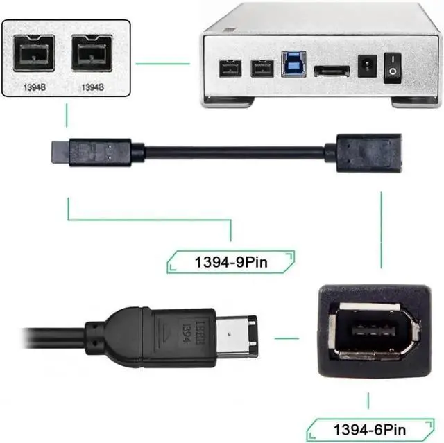 Alt view image 2 of 7 - 20cm IEEE 1394 6Pin Female to 9Pin Male Firewire Cable, FireWire 400 to 800 Converter Cord