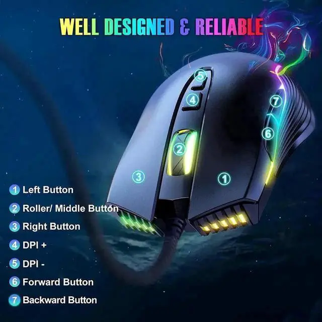 Alt view image 2 of 7 - New Version Wired USB Gaming Mouse, RGB LED Backlit Gaming Mouse with Adjustable 6400 DPI, Ergonomic Grip Optical PC Gaming Mice, 7 Programmable Buttons Compatible with Windows Linux Vista XP, Black