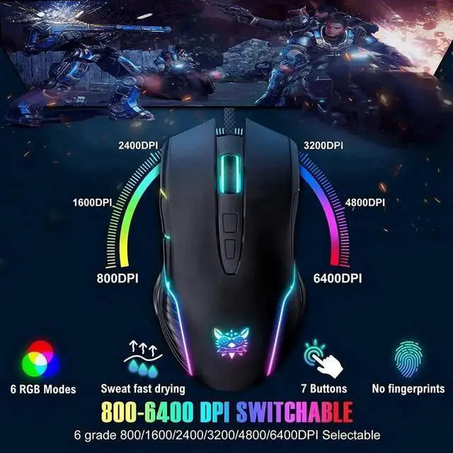 Alt view image 7 of 7 - New Version Wired USB Gaming Mouse, RGB LED Backlit Gaming Mouse with Adjustable 6400 DPI, Ergonomic Grip Optical PC Gaming Mice, 7 Programmable Buttons Compatible with Windows Linux Vista XP, Black