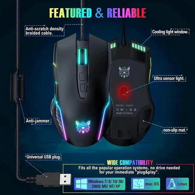 Alt view image 3 of 7 - New Version Wired USB Gaming Mouse, RGB LED Backlit Gaming Mouse with Adjustable 6400 DPI, Ergonomic Grip Optical PC Gaming Mice, 7 Programmable Buttons Compatible with Windows Linux Vista XP, Black