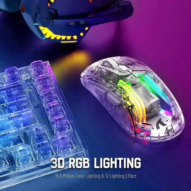 Alt view image 3 of 7 - Tri-Mode Wireless Gaming Mouse, 2.4G Bluetooth 5.0 USB-C Wired Gaming Mice, Transparent Shell PAW Sensor RGB Backlit Silent Click Ergonomic Mouse with 5 Adjustable DPI for Windows Mac