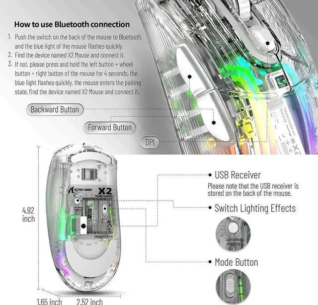 Alt view image 6 of 7 - Tri-Mode Wireless Gaming Mouse, 2.4G Bluetooth 5.0 USB-C Wired Gaming Mice, Transparent Shell PAW Sensor RGB Backlit Silent Click Ergonomic Mouse with 5 Adjustable DPI for Windows Mac