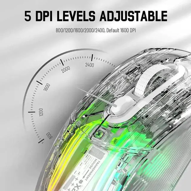 Alt view image 5 of 7 - Tri-Mode Wireless Gaming Mouse, 2.4G Bluetooth 5.0 USB-C Wired Gaming Mice, Transparent Shell PAW Sensor RGB Backlit Silent Click Ergonomic Mouse with 5 Adjustable DPI for Windows Mac