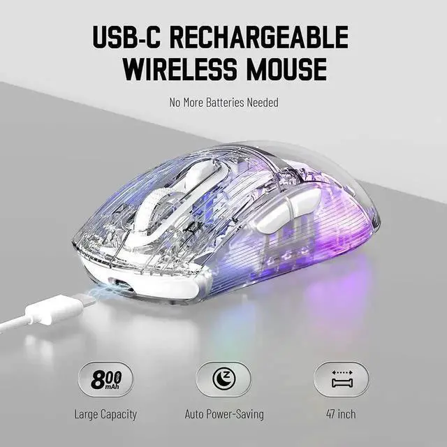 Alt view image 2 of 7 - Tri-Mode Wireless Gaming Mouse, 2.4G Bluetooth 5.0 USB-C Wired Gaming Mice, Transparent Shell PAW Sensor RGB Backlit Silent Click Ergonomic Mouse with 5 Adjustable DPI for Windows Mac