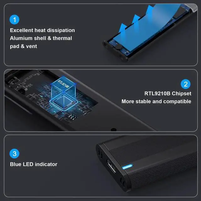Alt view image 7 of 7 - M.2 NVMe & SATA SSD Enclosure, USB 3.1 Gen 2 10Gbps Type-C External SSD Reader Adapter, Fits M-Key / B+M Key M.2 Drives 2230 2242 2260 2280