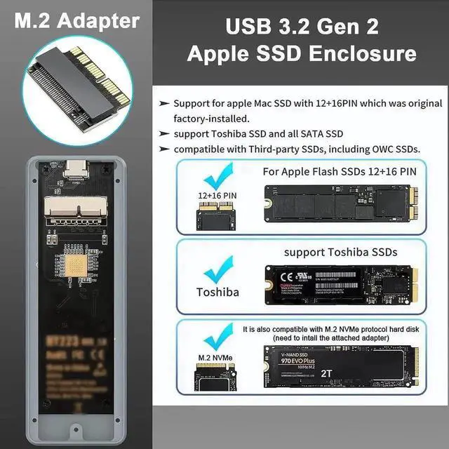 Alt view image 4 of 7 - USB 3.2 Gen2 Type-C SSD Enclosure for 12+16 Pin Apple SSD, Dual-Purpose Adapter Case for 2013-2017 MacBook Air/Pro/Mac Pro/iMac, Comes with Extra M.2 NVMe Adapter