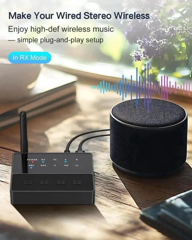 Alt view image 7 of 7 - Bluetooth 5.3 2-in-1 Audio Transmitter Receiver, aptX Low Latency & HD Support, Pair 2 Headphones Simultaneously, AUX/RCA Wireless Adapter for TV, Turntable, Home Stereo & Theater
