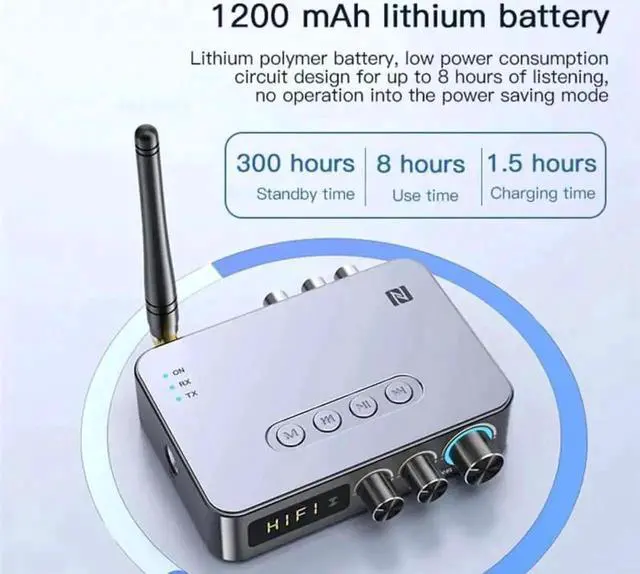 Alt view image 6 of 6 - 4-in-1 Bluetooth 5.1 Audio Transmitter Receiver Adapter, Low Latency Wireless Converter with Optical/AUX/RCA/6.5mm Mic Port, NFC & FM Radio Function for TV, Home Party & KTV