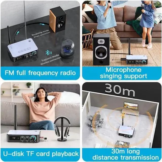 Alt view image 4 of 6 - 4-in-1 Bluetooth 5.1 Audio Transmitter Receiver Adapter, Low Latency Wireless Converter with Optical/AUX/RCA/6.5mm Mic Port, NFC & FM Radio Function for TV, Home Party & KTV