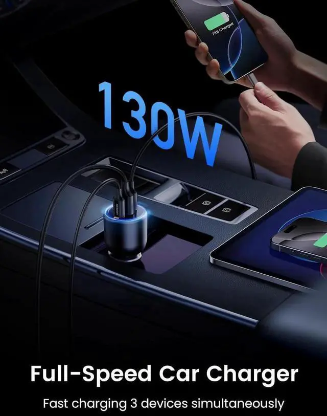 Alt view image 5 of 7 - UGREEN 130W Dual USB C Car Charger Adapter, PD 100W+30W Fast Charging Car Charger for iPhone 17/16/15 Series, Galaxy S24 Ultra, iPad, MacBook