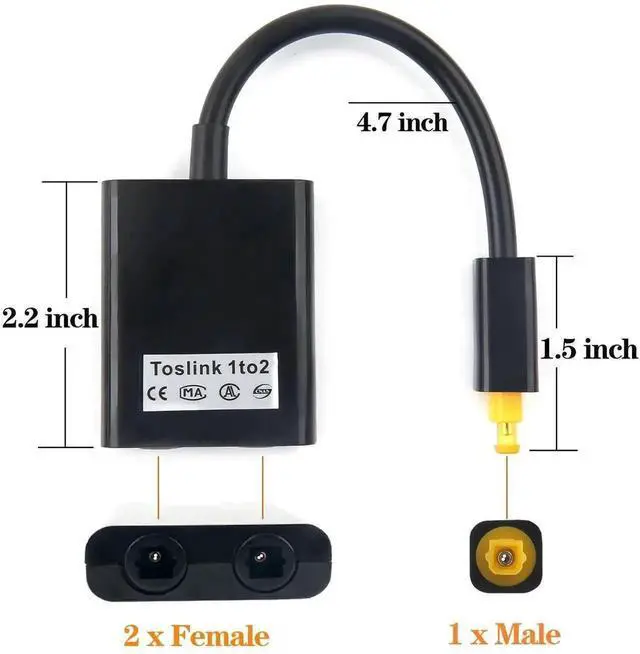 Alt view image 4 of 7 - 1 In 2 Out Toslink Optical Audio Splitter, Digital Fiber SPDIF Audio Splitter for TV, Soundbar, Amplifier