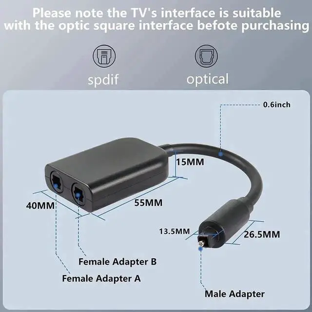 Alt view image 6 of 6 - 1 In 2 Out Optical Audio Splitter, Upgraded Toslink Fiber SPDIF Splitter for CD Player, DVD Player, TV, Soundbar, Amplifier