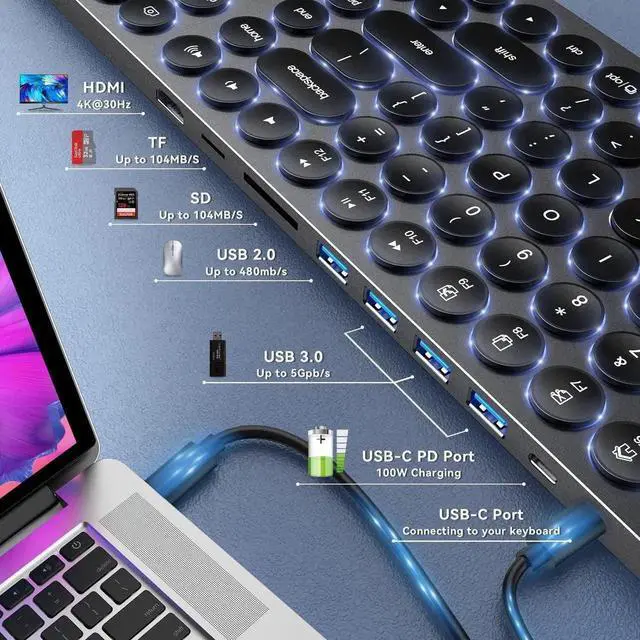 Alt view image 7 of 7 - 9-in-1 USB C Hub Integrated Full-Size Aluminum Wired Keyboard with Numpad, 4K HDMI, 4 USB, 100W PD, SD/TF Card Reader for MacBook, Windows & Android