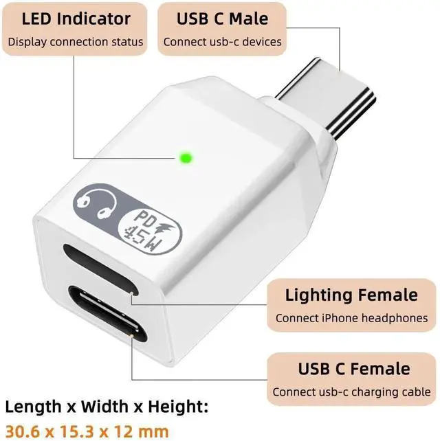 Alt view image 5 of 6 - USB C Splitter 2 in 1 Headphone Charging Adapter PD 45W Fast Charging Type C Audio Dongle Compatible with iPhone 15/16 Series, iPad Air Pro, All USB-C Phones Tablets Laptops