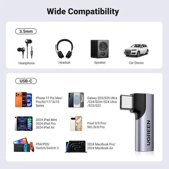 Alt view image 3 of 7 - UGREEN 2 Pack USB C to 3.5mm Audio Adapter, Right Angle Type C Aux Dongle with Built-in DAC Chip, HiFi Stereo & Mic Support, Compatible with iPhone 17/16/15 Pro Max/Plus, iPad Pro, Galaxy S25 Ultra, P