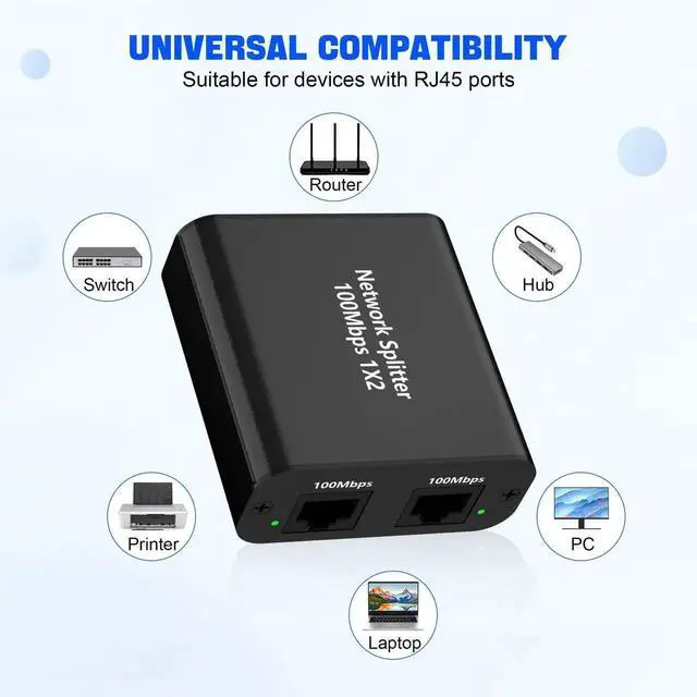 Alt view image 2 of 7 - 1 to 2 Port 100Mbps RJ45 Ethernet Splitter with USB Power Cable, LAN Network Splitter Allows 2 Devices Online Simultaneously, Compatible with Cat5/Cat5e/Cat6/Cat7 Ethernet Cables