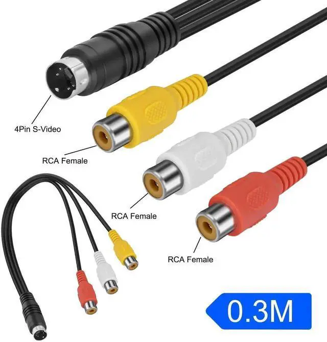 Alt view image 2 of 7 - 0.3M 4 Pin S-Video to 3 RCA Female AV Composite Cable, Mini DIN S-Video to RCA Audio Video Cord Compatible with TV, HDTV, PC, Laptop, DVD, VCR, DVR, CD Player