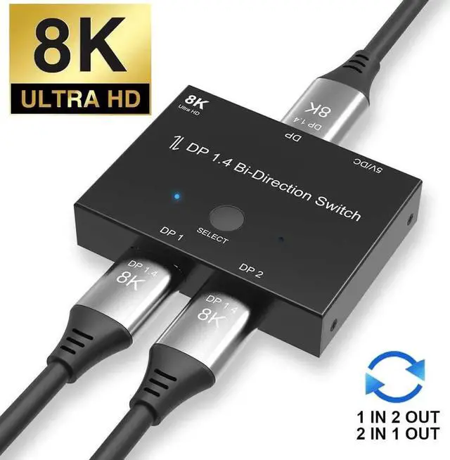 Main image of Bi-Directional DisplayPort 1.4 Switch 2 in 1 Out / 1 to 2, 32Gbps High Speed DP Switcher Support 8K@30Hz 4K@120Hz, Compatible with PS5, Xbox, Monitors & Projectors