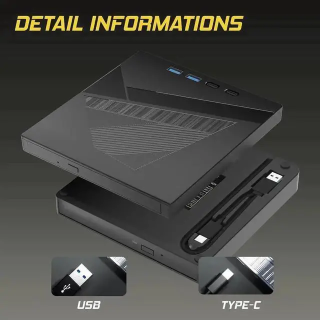 Alt view image 5 of 6 - 7-in-1 External CD DVD Drive, USB3.0 & Type-C Portable +/-RW Burner Reader Rewriter, External Optical Disk Drive Compatible with Laptop, PC, Windows XP/7/8/10, Linux, MacOS