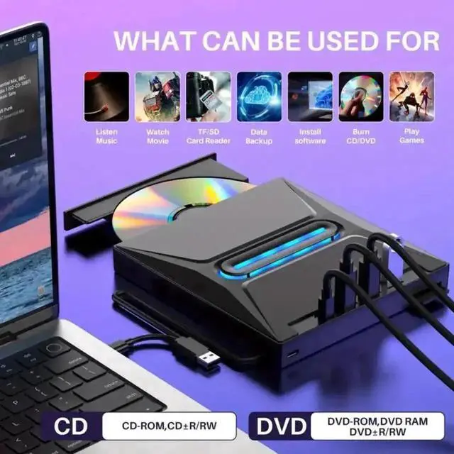 Alt view image 4 of 7 - 6-in-1 External CD DVD Drive, Ultra Slim Portable USB3.0 & Type-C CD/DVD +/-RW Burner with SD Card Reader Hub, Compatible with Laptop PC Windows Linux MacOS