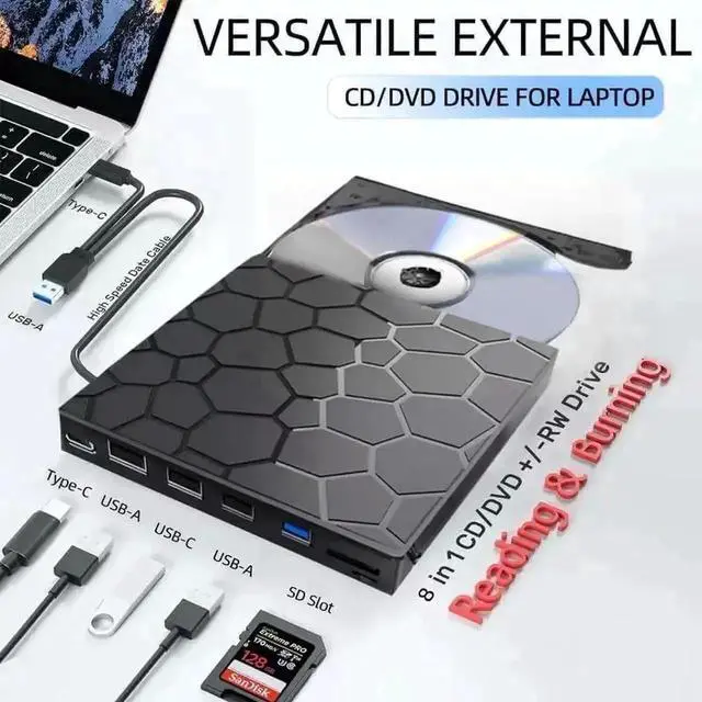 Alt view image 5 of 6 - 8-in-1 External CD DVD RW Drive, Portable USB3.0 & Type-C DVD Burner with 4 USB-A Ports, SD/TF Card Reader, Compatible with Laptop PC Windows 7/8/10/11, Linux & MacOS