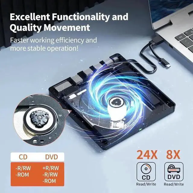 Alt view image 4 of 7 - 7-in-1 External CD DVD RW Drive, Portable USB DVD Burner with 4 USB-A Ports & SD/TF Card Reader, 8X CD 24X DVD High Speed, Compatible with Windows 7/10/11 & MacOS Laptops